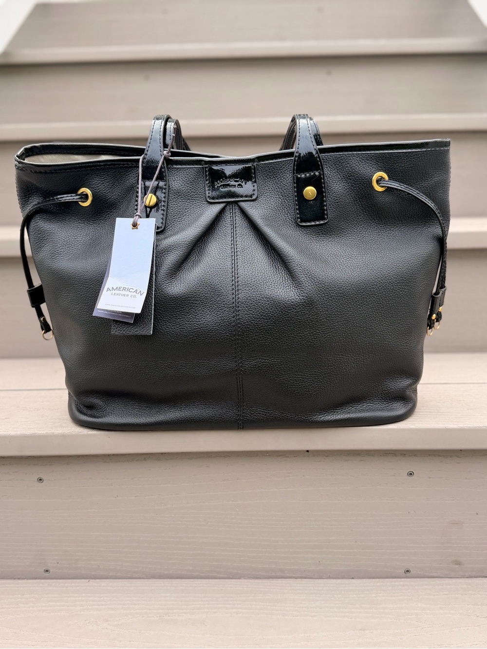 NWT American Leather Co Black Pebbled Leather Tote Bag Patent Trim Gold Hardware